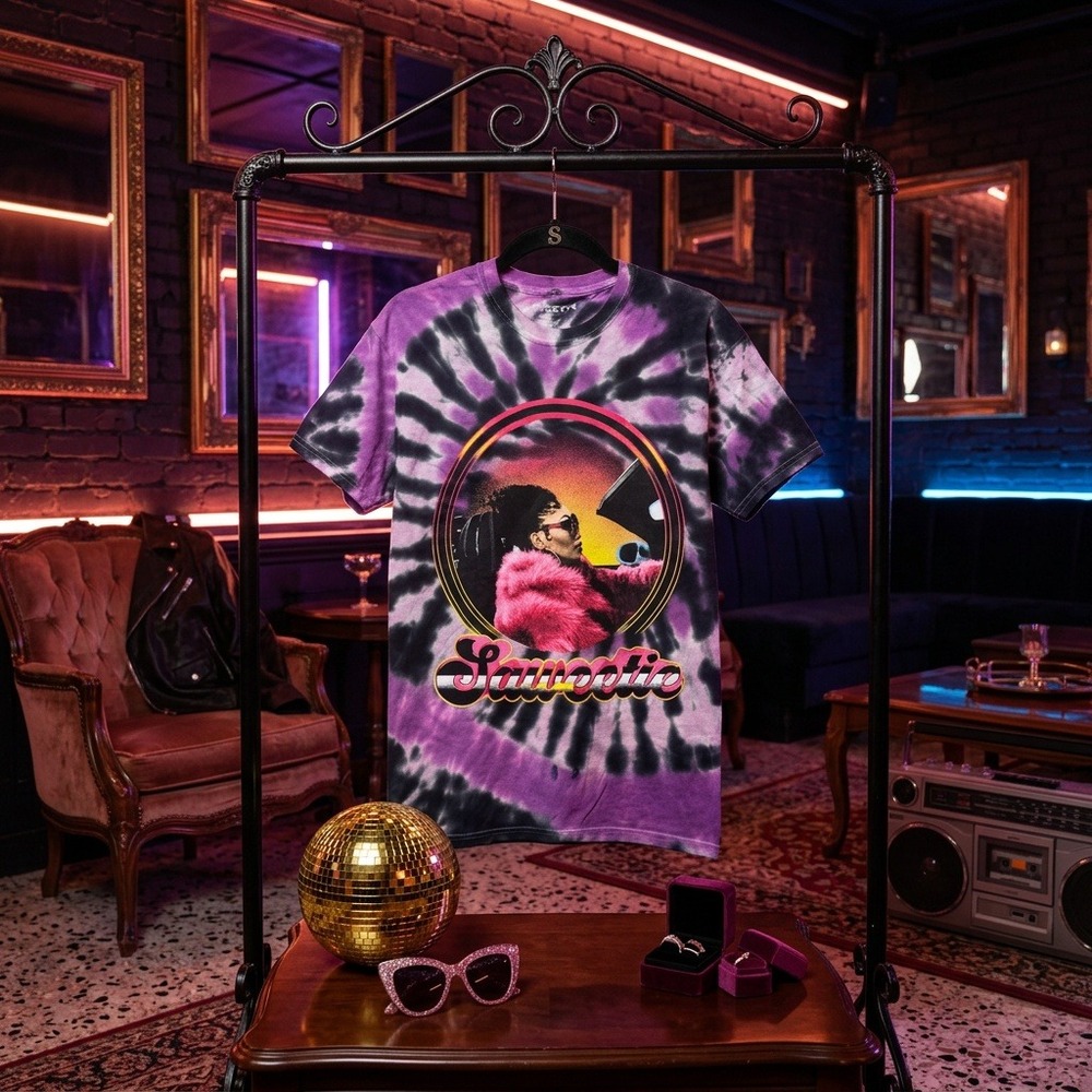 Saweetie Graphic T-Shirt Adult Medium Purple Black Tie Dye Pink Fur Coat Hip Hop